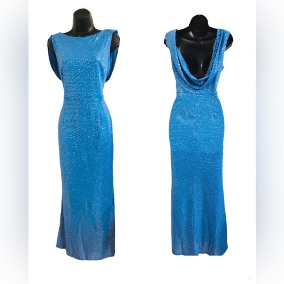 Blue sequin drape cowl back batwing style‎ maxi gown dress size 8 brand new - Picture 1 of 16